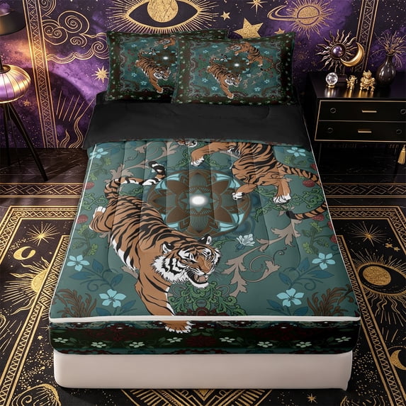 Erosebridal Bohemian Mandala Pattern Zipper Full Size Comforter Sets with Fitted Sheet and 2 Pillowcases,Animal Tiger Print Zipper Bedding Set,Green Orange Teal,Black Reversible
