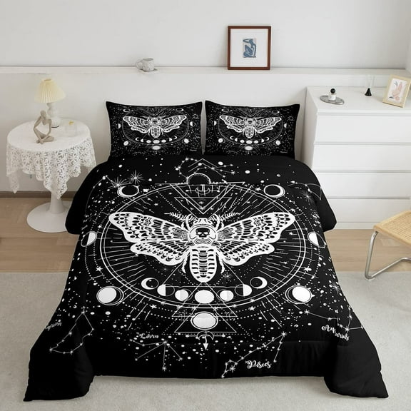 Erosebridal Bohemian Moth Comforter Halloween Skull Bedding Set Full Size Sun Moon Constellation Duvet Set Teens Gift Gothic Moth Skull Skeleton Bones Lightweight Down Comforter