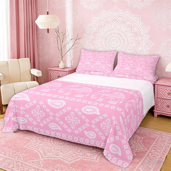 Erosebridal Bohemian Pink Paisley Full Size Sheets, Hippie Elephant Bed Sheets, 4-Piece 1 Flat Sheet, 1 Fitted Sheet and 2 Pillowcases