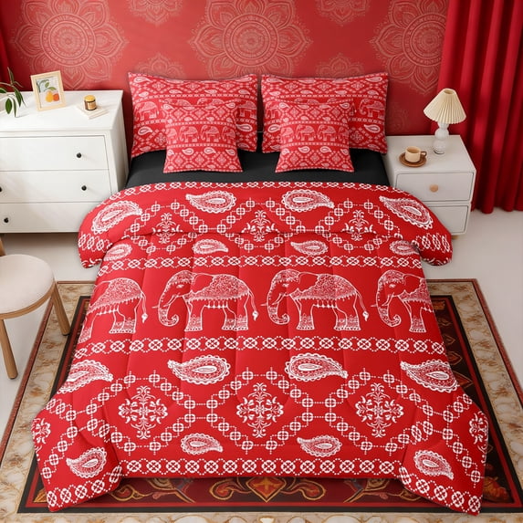 Erosebridal Bohemian Red Paisley Bedding Comforter Set, Hippie Elephant Queen Bedding Sets, Black Reversible 7-Piece