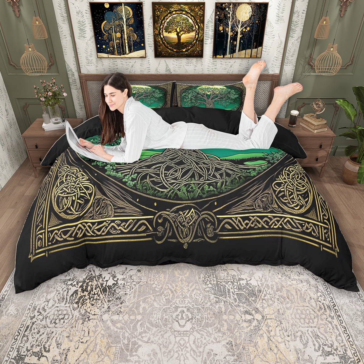 Erosebridal Bohemian Tree of Life Duvet Cover Set, Black Gold Green ...