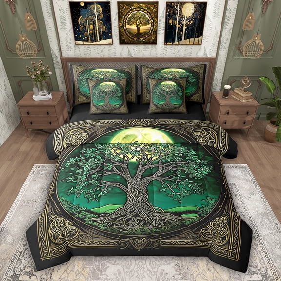 Erosebridal Bohemian Tree of Life Twin Bedding Sets, Black Gold Green Bedding Comforter Set, Black Reversible, 7-Piece