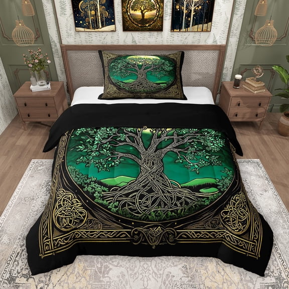 Erosebridal Bohemian Tree of Life Twin Comforter Sets, Black Gold Green Bedding Set, Black Reversible, 1 Comforter and 1 Pillowcase