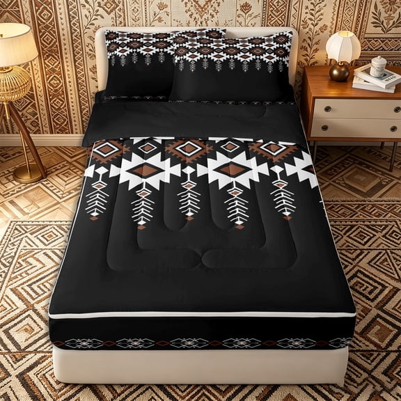 Erosebridal Boho Aztec Geometric Pattern Zipper Twin Comforter Sets with Fitted Sheet and 2 Pillowcases,Exotic Style Zipper Bedding Set,Brown White Black,Black Reversible