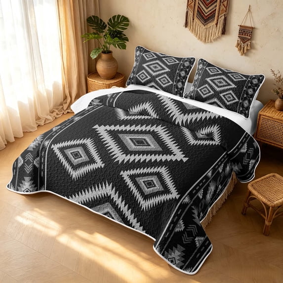 Erosebridal Boho Aztec Twin Quilt Set, Vintage Rhombus Twin Coverlet Set, Black Gray White 2-Piece, 1 Bedspread and 1 Pillowcase