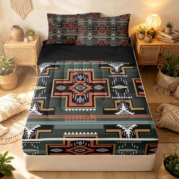 Erosebridal Boho Aztec Zipper Queen Comforter Set with Fitted Sheet and 2 Pillowcases, Vintage Cross Zipper Bedding Set, Olive Terracotta Tan, Black Reversible