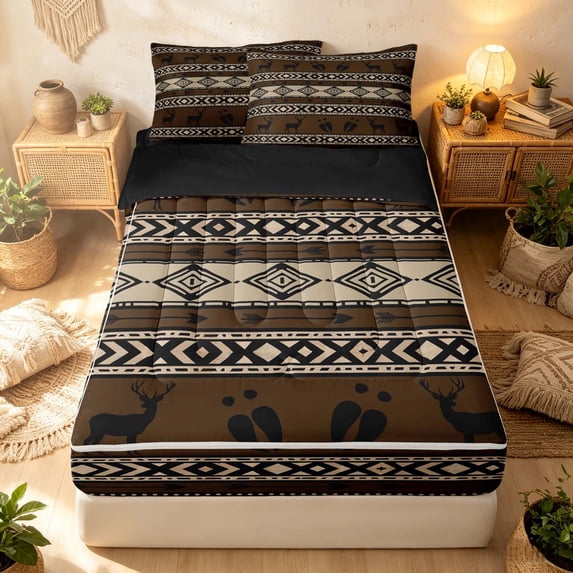 Erosebridal Boho Aztec Zipper Twin Comforter Sets with Fitted Sheet and 2 Pillowcases, Vintage Rhombus Zipper Bedding Set, Chocolate Cream, Black Reversible