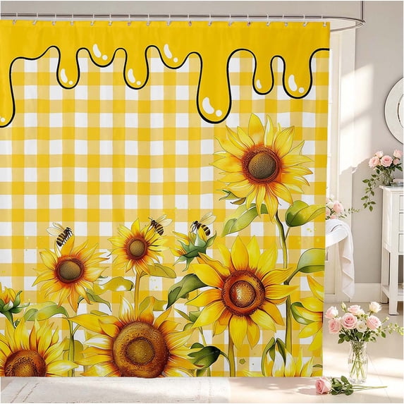 Erosebridal Boho Bee Sunflower Shower Curtain 72Wx78L,Bohemian Plaid Bath Curtain,Yellow Green