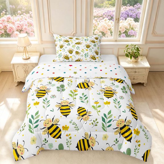 Erosebridal Boho Bee Twin Comforter Sets,Dreamy Floral Bedding Set,White Green,Polkadot Reversible,2-Piece,1 Comforter and 1 Pillowcase