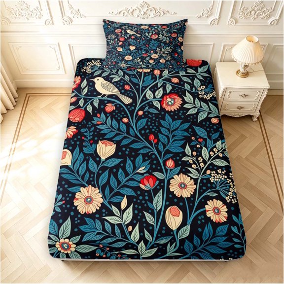 Erosebridal Boho Bird Wildlife Twin Fitted Sheet,Bohemian Floral Bedding,Navy Red,2-Piece,1 Fitted Sheet and 1 Pillowcase