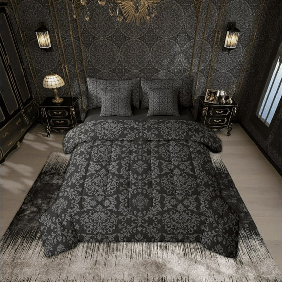 Erosebridal Boho Black Grey Damask Bed in a Bag Queen Size, Victorian Baroque Bed Set, Reversible 7 Pieces