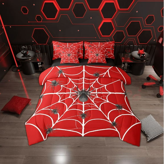Erosebridal Boho Black Spider Bed in a Bag Twin Size, White Spider Web Bed Set, Red Halloween Bedroom Decor, Reversible 7 Pieces