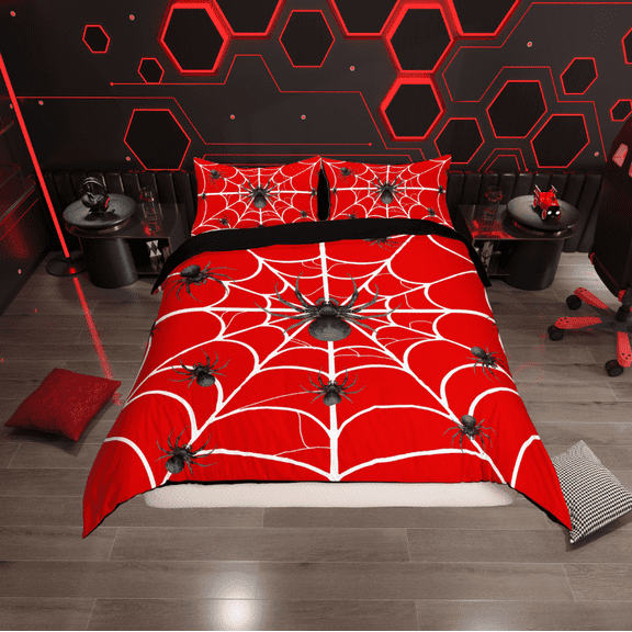Erosebridal Boho Black Spider Duvet Cover Twin, White Spider Web Bedding Sets Twin Size, Red Halloween Bedroom Decor, Reversible 2 Pieces (No Comforter)
