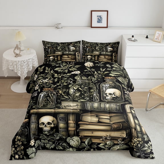 Erosebridal Boho Botanical Comforter Sets Queen Size, Western Skull Comforters & Duvets, Retro Books Reversible Duvet Insert, Lightweight Room Decorative, 3pcs