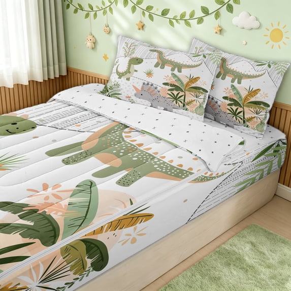 Erosebridal Boho Cartoon Dinosaur Zipper Twin Comforter Sets with Fitted Sheet and 2 Pillowcases for Boys Girls, Green Tropical Leaf Print Zipper Bedding Set, Reversible, 4 Pieces