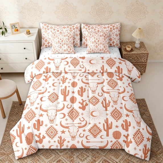 Erosebridal Boho Cow Skull Bedding Comforter Set, Rustic Farmhouse Aztec Full Bedding Set, Pink Orange, Reversible 7 Pieces