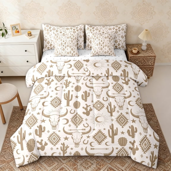 Erosebridal Boho Cow Skull Twin Bedding Sets, Rustic Farmhouse Aztec Bedding Comforter Set, Beige Brown, Reversible 7 Pieces