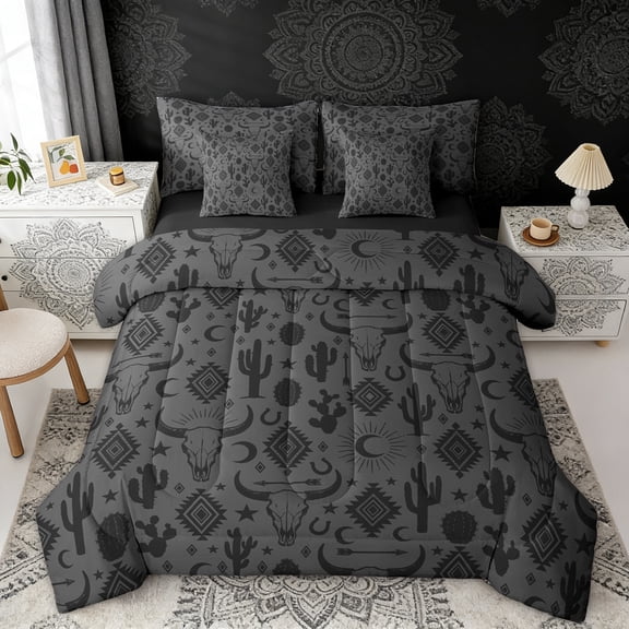 Erosebridal Boho Cow Skull Twin Bedding Sets, Rustic Farmhouse Aztec Bedding Comforter Set, Black Gray, Black Reversible 7-Piece