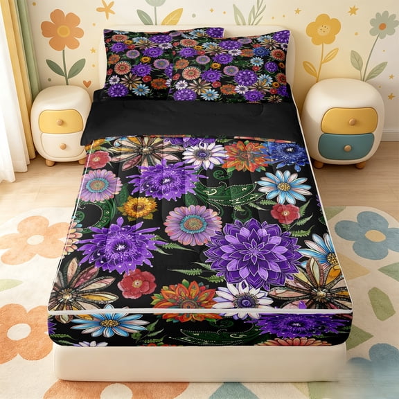 Erosebridal Boho Dahlia Floral Zipper Twin Comforter Sets with Fitted Sheet and 2 Pillowcases,Vintage Colorful Floral Zipper Bedding Set For Girls,Black Reversible,4pcs