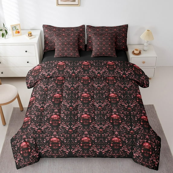 Erosebridal Boho Damask Bed in a Bag Full size, Red Floral Print Bedding Full Size, Hippie Skeleton Reversible Bed Set, Breathable Room Decoration, 7pcs