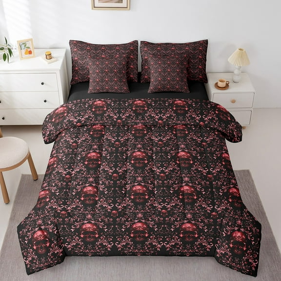 Erosebridal Boho Damask Bed in a Bag Full size, Red Floral Print Bedding Full Size, Hippie Skeleton Reversible Bed Set, Breathable Room Decoration, 7pcs