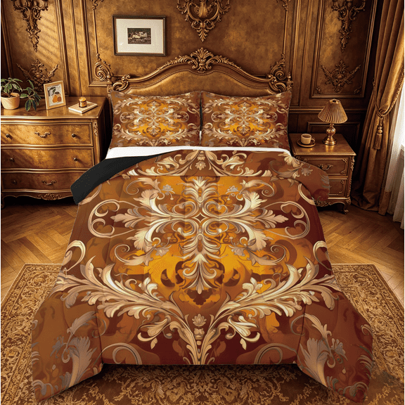 Erosebridal Boho Damask Bedding Sets Queen with Comforter,Baroque Floral Style Bedding Sets Queen with Comforter,Gold Orange Gothic Theme Comforter Sets,Ultra Soft Room Decoration Reversible,3pcs