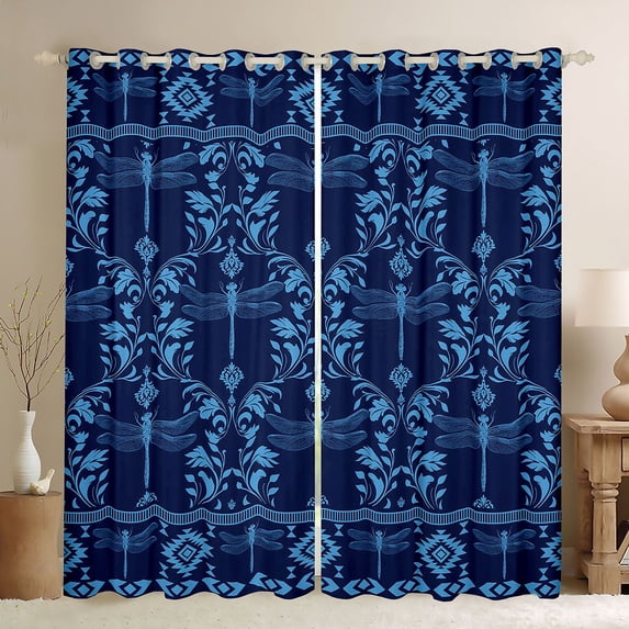 Erosebridal Boho Damask Bug Dragonfly Blackout Curtains,Aztec Print Window Curtains Pack of 2 (38x45 Each),Navy Blue