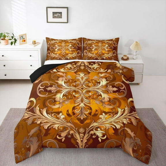 Erosebridal Boho Damask Comforter Sets,Baroque Floral Style Comforter Sets,Gold Orange Gothic Theme Bedding King Comforter Set For Boy,Ultra Soft Room Decoration Reversible，3-Piece