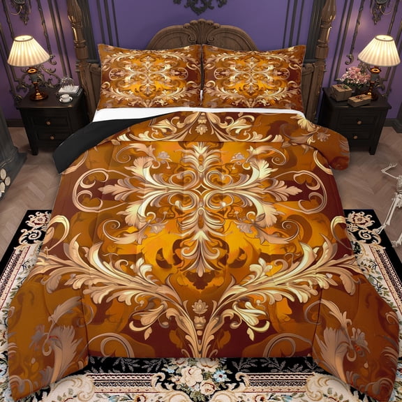 Erosebridal Boho Damask Comforter Sets,Baroque Floral Style Comforter Sets,Gold Orange Gothic Theme Bedding King Comforter Set For Boy,Ultra Soft Room Decoration Reversible，3-Piece
