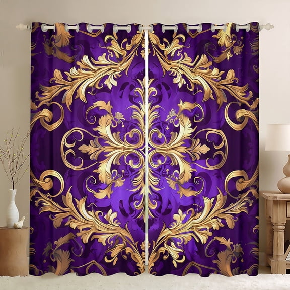 Erosebridal Boho Damask Curtains and Drapes (38x54),Baroque Floral Style Curtains and Drapes (38x54),Gold Purple Gothic Theme Curtains Pack of 2 (38x54) For Teens,Ultra Soft Room Decoration