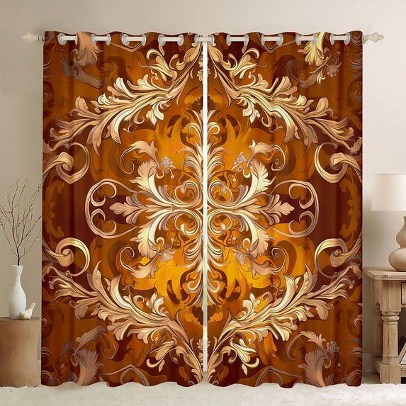 Erosebridal Boho Damask Curtains for Living Room,Baroque Floral Style Curtains for Living Room,Gold Orange Gothic Theme Curtains and Drapes (42x90) For Teens,Ultra Soft Room Decoration