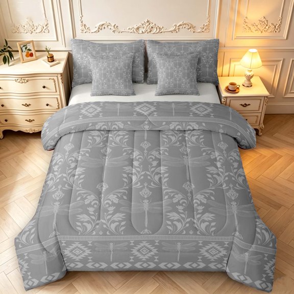 Erosebridal Boho Damask Dragonfly 7pcs Queen Bedding,Geometric Aztec Bedding Comforter Set Queen,Gray Silver,Light Gray Reversible