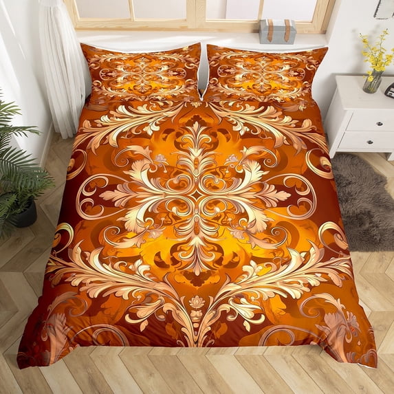 Erosebridal Boho Damask Duvet Cover King,Baroque Floral Style Duvet Cover King,Gold Orange Gothic Theme Comforter Cover King For Teens,Ultra Soft Room Decoration Reversible,3 Pieces(No Comforter)