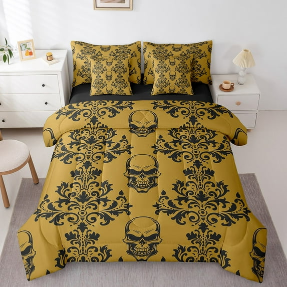 Erosebridal Boho Damask Floral Baroque Flower Bedding Twin Size, Black Death Skull Comforter Sets with Sheets, Brown, Reversible 7pcs