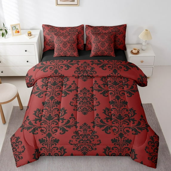 Erosebridal Boho Damask Floral Bed in a Bag King Size, Vintage Baroque Flower Bed Set, Black Red, Reversible 7 Pieces