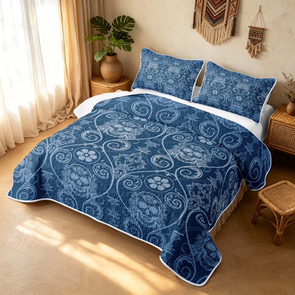 Erosebridal Boho Damask Quilt King, Vintage Sugar Skull King Coverlet Set, Navy Blue Light Blue 3-Piece, 1 Bedspread and 2 Pillowcases