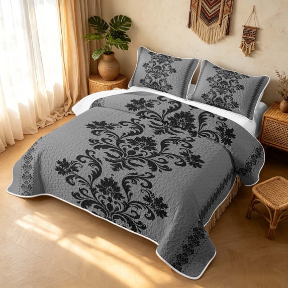 Erosebridal Boho Damask Twin Quilt Set, Vintage Floral Twin Coverlet Set, Medium Gray Black 2 Pieces, 1 Bedspread and 1 Pillowcase