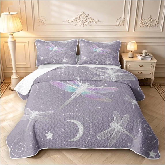 Erosebridal Boho Dragonfly Bed Spread Queen,Dreamy Flower Queen Coverlet Set,Lavender White,3pcs,1 Quilt and 2 Pillowcases
