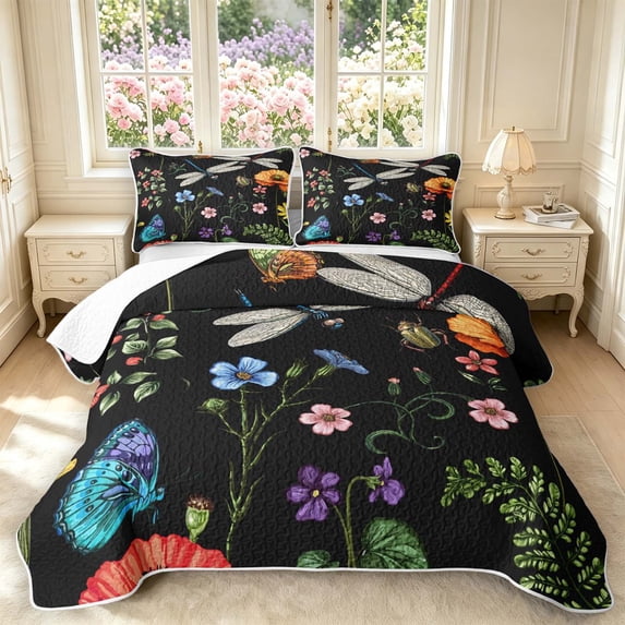 Erosebridal Boho Dragonfly Bed Spread Queen,Graceful Floral Queen Coverlet Set,Black Orange,3pcs,1 Quilt and 2 Pillowcases