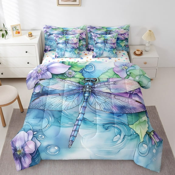 Erosebridal Boho Dragonfly Bed in a Bag Queen size, Watercolor Printing Bed Set, Dreamy Flower Decor, Reversible