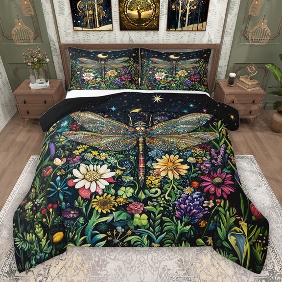 Erosebridal Boho Dragonfly Full Size Comforter Sets, Colorful Flower Floral Bedding Sets, Black Reversible, 1 Comforter and 2 Pillowcases
