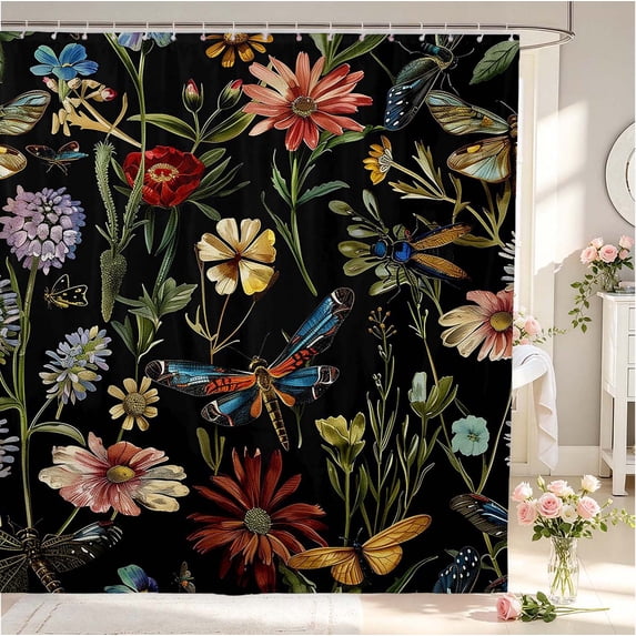Erosebridal Boho Dragonfly Shower Curtain 72Wx72L,Cartoon Floral Bathroom Curtain,Black Green