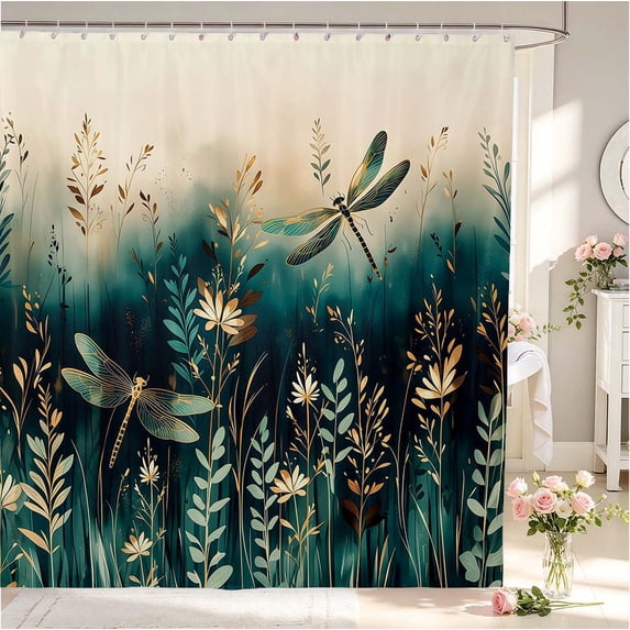Erosebridal Boho Dragonfly Shower Curtain 72Wx78L,Dreamy Floral Bath Curtain,Teal Green