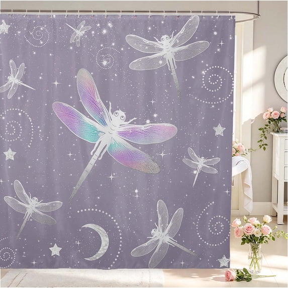 Erosebridal Boho Dragonfly Shower Curtain 72Wx78L,Dreamy Flower Bath Curtain,Lavender White