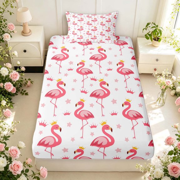 Erosebridal Boho Flamingo Animals Fitted Sheet Queen,Dreamy Stars Bedding,White Pink,3pcs,1 Fitted Sheet and 2 Pillowcases