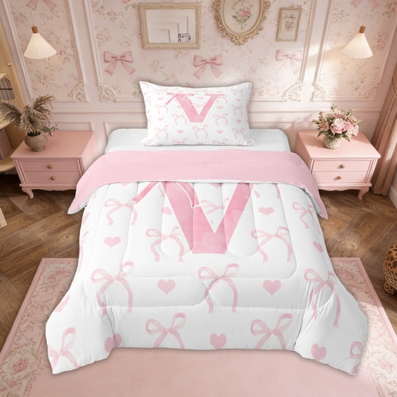 Erosebridal Kawaii Bowknot Bedding Sets Twin with Comforter, Initial V Duvet Insert, Romantic Initial A-Z Decor, Reversible