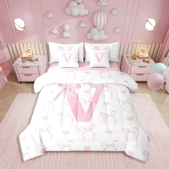 Erosebridal Kawaii Bowknot Bed in a Bag Twin size, Initial V Bed Set, Romantic Initial A-Z Decor, Reversible