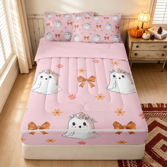 Erosebridal Boho Floral Ghost Zipper Twin Comforter Sets with Fitted Sheet and 2 Pillowcases, Happy Halloween Zipper Bedding Set for Girls, Pink Orange, Pink Reversible