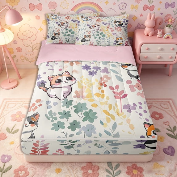Erosebridal Boho Floral Pattern Zipper Twin Comforter Sets with Fitted Sheet and 2 Pillowcases,Kawaii Cat Print Zipper Bedding Set,Orange Gray White,Pink Reversible