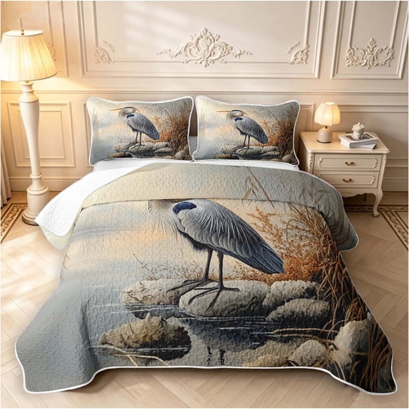 Erosebridal Boho Heron Bird Bed Spread Queen,Bohemian Animals Queen Coverlet Set,Gray Blue,3 Pieces,1 Quilt and 2 Pillowcases